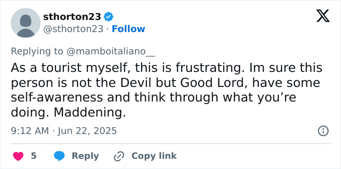 Tweet expressing frustration over a tourist damaging an 18th century painting while taking a selfie in Italy.