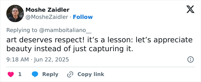 Tweet expressing frustration over tourist damaging 18th century painting while taking selfie, urging respect for art.