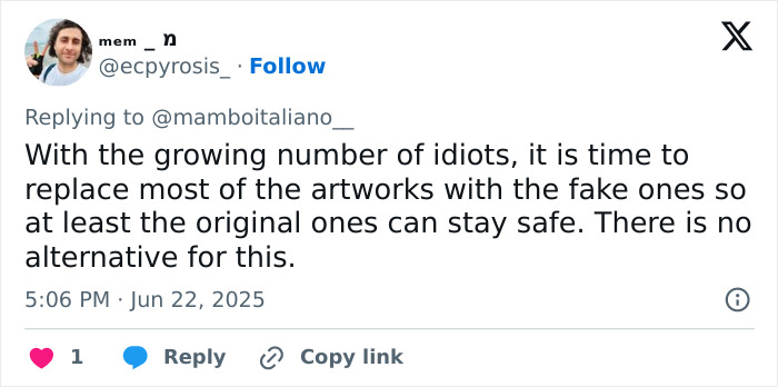 Tweet criticizing tourists for damaging 18th century painting during selfie, sparking fury in Italy over artwork safety.