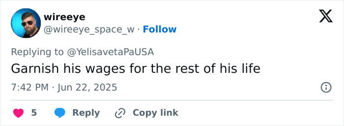 Tweet from user wireeye suggesting to garnish wages for the rest of life after tourist sparks fury in Italy over painting damage.