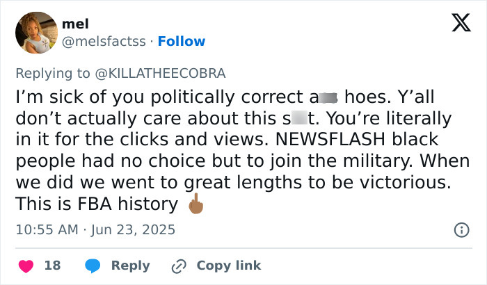 Social media user criticizing political correctness and discussing black military history in a heated online reply.