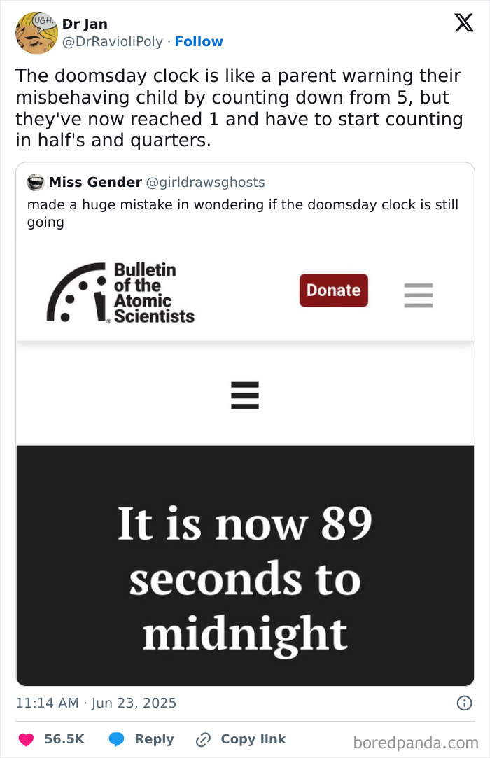 Funny tweets about the doomsday clock posted in June illustrating humor that c*****d people up this month.