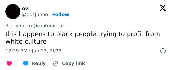 Screenshot of a social media reply criticizing Beyonc&eacute; for cultural appropriation during the Cowboy Carter Tour.