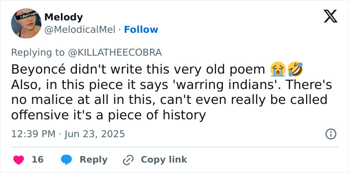Tweet discussing Beyonc&eacute; canceled by fans over wearing an offensive shirt during Cowboy Carter tour, mentioning historical context.
