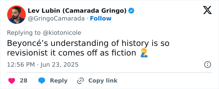 Tweet criticizing Beyonc&eacute;&rsquo;s tone deafness and cancellation by fans over offensive shirt during Cowboy Carter Tour.