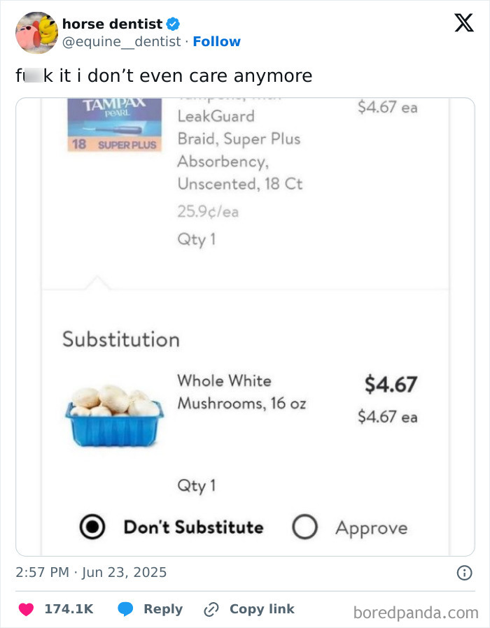 Screenshot of a humorous tweet about a substitution with mushrooms, illustrating one of the best tweets that c*****d people up.