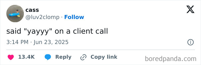 Screenshot of a funny tweet showing a user sharing a humorous moment on a client call, part of best tweets that c*****d people up.