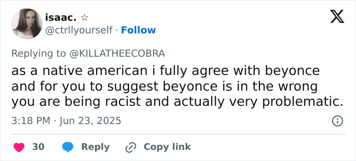 Tweet from user isaac agreeing with Beyonc&eacute; amid controversy over offensive shirt worn on Cowboy Carter Tour.