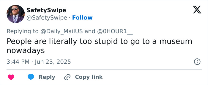 Tweet by SafetySwipe criticizing museum visitors, highlighting outrage over tourist damaging 18th century painting in Italy taking selfie.