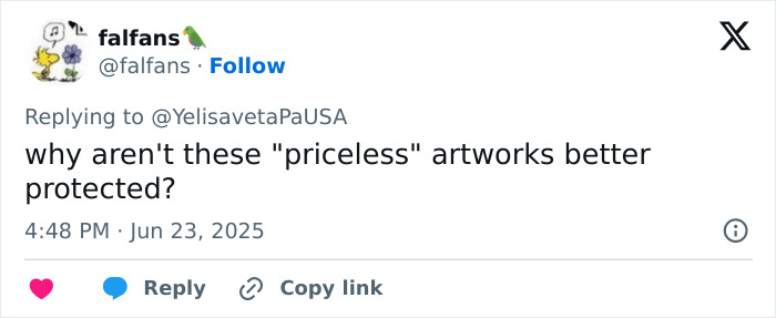 Twitter user questions why priceless 18th century painting was not better protected after tourist rips hole taking selfie.