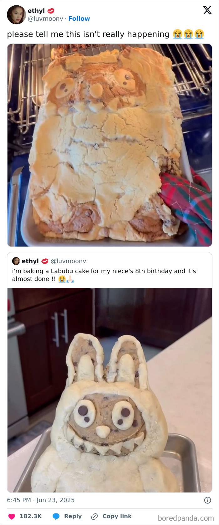 Humorous baking fail of a Labubu cake shared on Twitter, featured in best tweets that c*****d people up June.