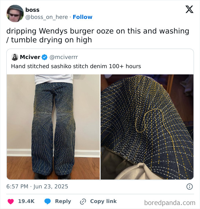Tweet showing hand-stitched sashiko denim pants with detailed stitching, featured in the best tweets that c*****d people up.