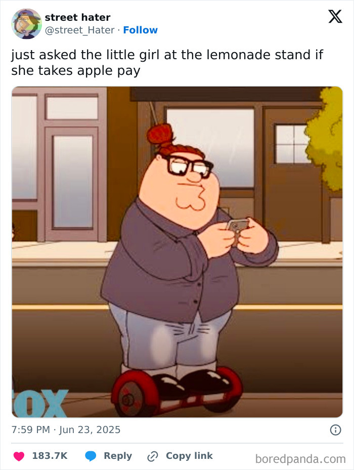 Cartoon man on hoverboard using phone in a funny tweet from a popular collection of best tweets that c*****d people up.