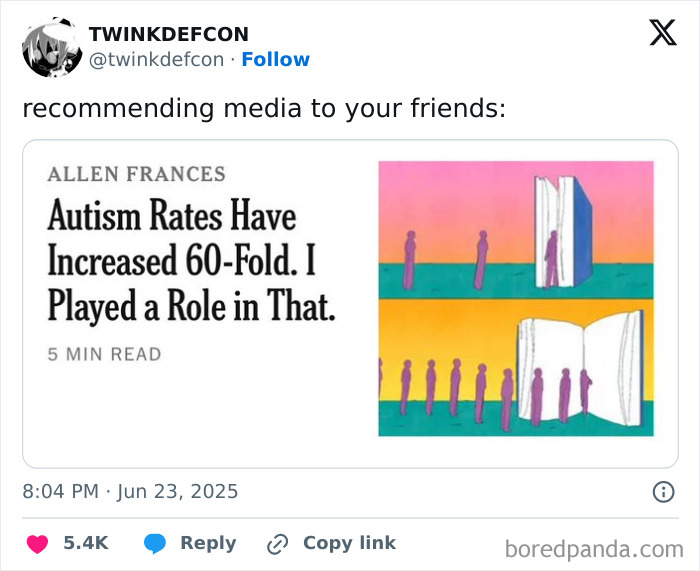 Tweet recommending an article about autism rates, featured in a collection of best tweets that c*****d people up this June.