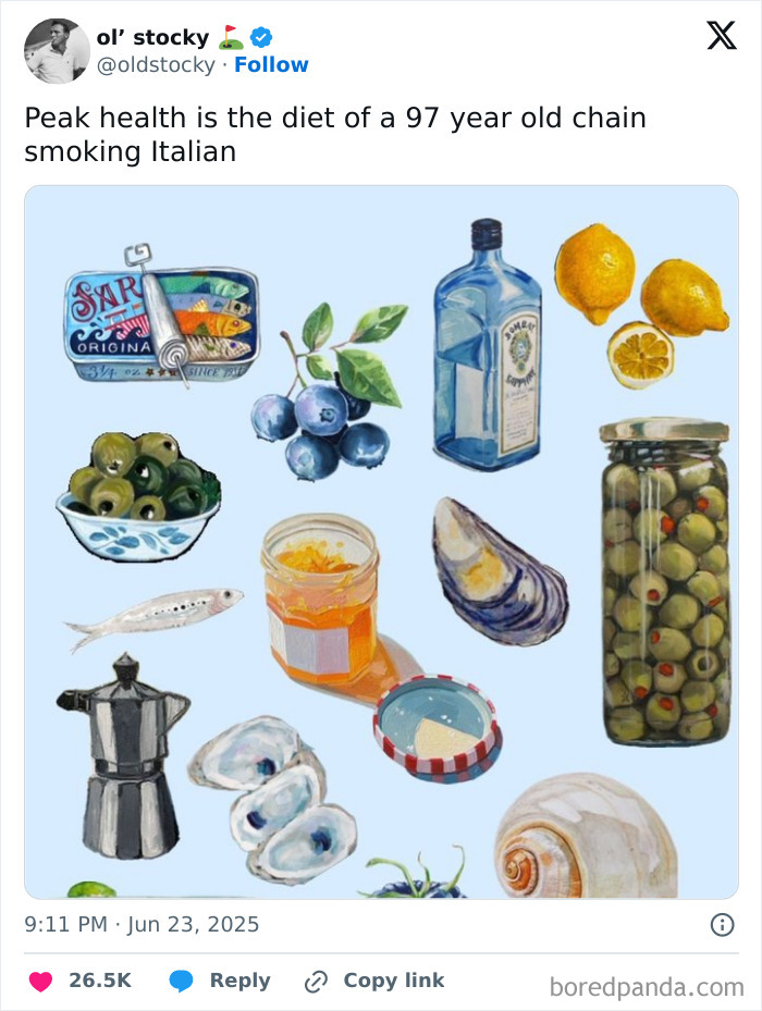 Illustration of various foods including olives, blueberries, lemon, jar of olives, fish, and a coffee pot in a humorous tweet.