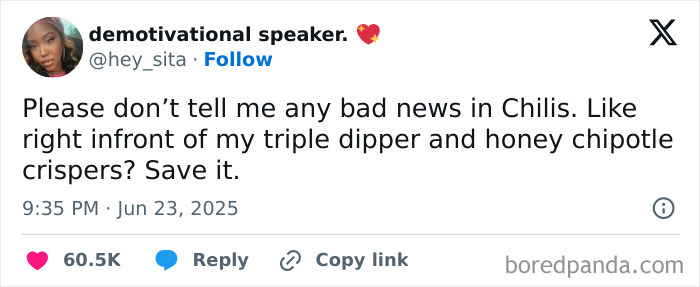 Tweet humorously referencing Chili’s food, capturing one of the best tweets that c*****d people up this June.