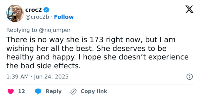 Tweet screenshot showing a user commenting on Amanda Bynes using Ozempic and expressing well wishes despite concerns about side effects.