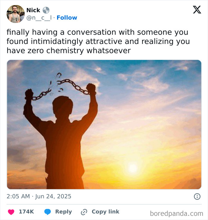 Tweet about awkward chemistry paired with a silhouette breaking chains at sunset, highlighting the best tweets that c*****d people up.