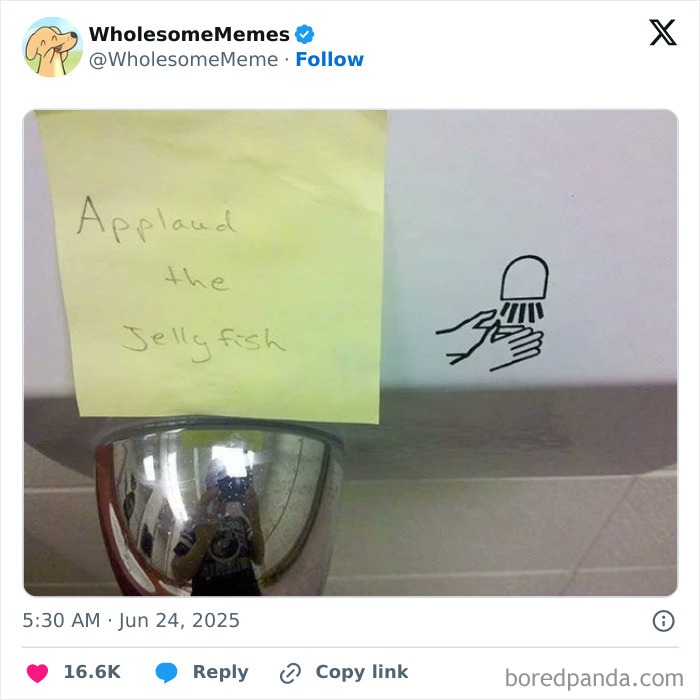 Sticky note saying applaud the jellyfish next to a handwashing symbol in a funny tweet from best tweets that c*****d people up.