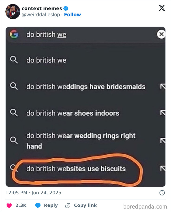 Screenshot of humorous Google search suggestions related to British customs, featured in best tweets that c*****d people up.