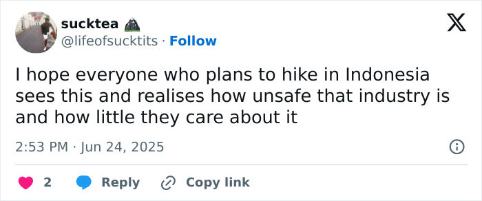 Tweet discussing safety concerns about volcano tours in Indonesia following an abandoned tourist's passing and public outrage. Tweet discussing safety concerns about volcano tours in Indonesia following an abandoned tourist's passing and public outrage.