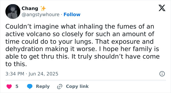 Social media post discussing lung damage risks from inhaling active volcano fumes on volcano tours and related safety concerns. Social media post discussing lung damage risks from inhaling active volcano fumes on volcano tours and related safety concerns.