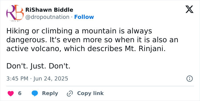 Tweet warning about the dangers of hiking active volcanoes like Mt. Rinjani amid disturbing claims about volcano tours. Tweet warning about the dangers of hiking active volcanoes like Mt. Rinjani amid disturbing claims about volcano tours.