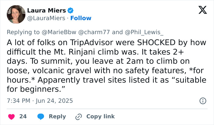 Tweet discussing disturbing claims about volcano tours, mentioning difficult Mt. Rinjani climb with unsafe volcanic gravel conditions. Tweet discussing disturbing claims about volcano tours, mentioning difficult Mt. Rinjani climb with unsafe volcanic gravel conditions.