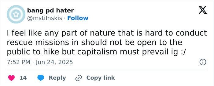 Tweet expressing concerns about rescue missions and capitalism in relation to volcano tours and public access to nature. Tweet expressing concerns about rescue missions and capitalism in relation to volcano tours and public access to nature.