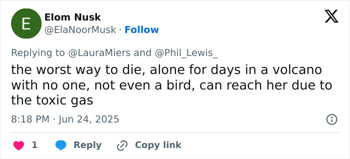 Tweet discussing disturbing claims about abandoned tourist's death due to toxic gas during volcano tours sparking outrage. Tweet discussing disturbing claims about abandoned tourist's death due to toxic gas during volcano tours sparking outrage.