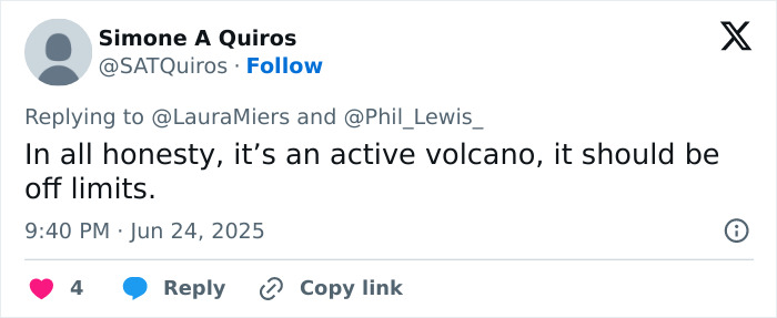 Tweet expressing concern that an active volcano should be off limits amid disturbing claims about volcano tours. Tweet expressing concern that an active volcano should be off limits amid disturbing claims about volcano tours.