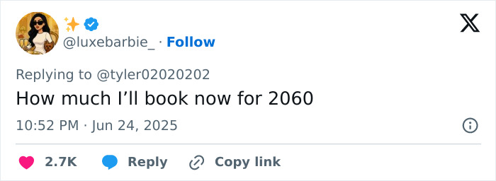 Tweet by luxury influencer luxebarbie_ mentioning booking appointments for 2060, related to woman&rsquo;s facelift breaking the internet.