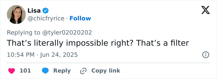 Woman's facelift reaction tweet, user expressing disbelief, questioning if transformation is a filter or real change.