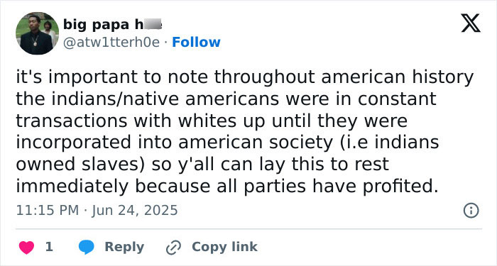 Tweet discussing Native Americans and ownership history related to offensive shirt controversy on Cowboy Carter Tour.