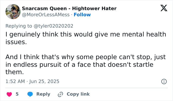 Tweet discussing mental health concerns related to woman's facelift and the pursuit of an unstartling face.