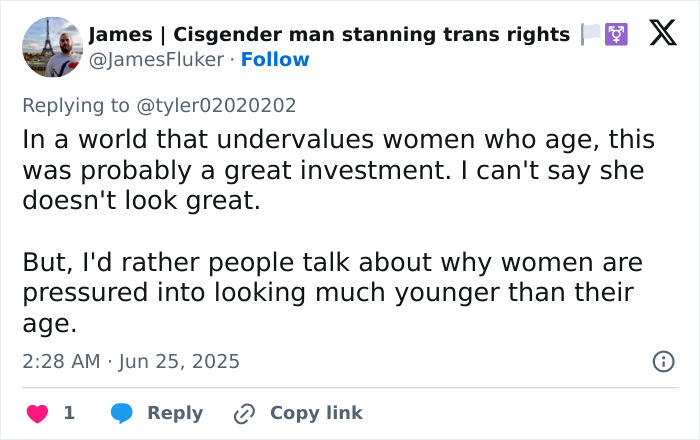 Tweet discussing societal pressure on aging women and mentioning a woman's facelift transformation before and after.