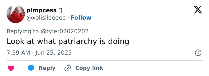 Tweet by user pimpcess commenting on patriarchy, displayed in a social media interface with timestamp June 25, 2025.