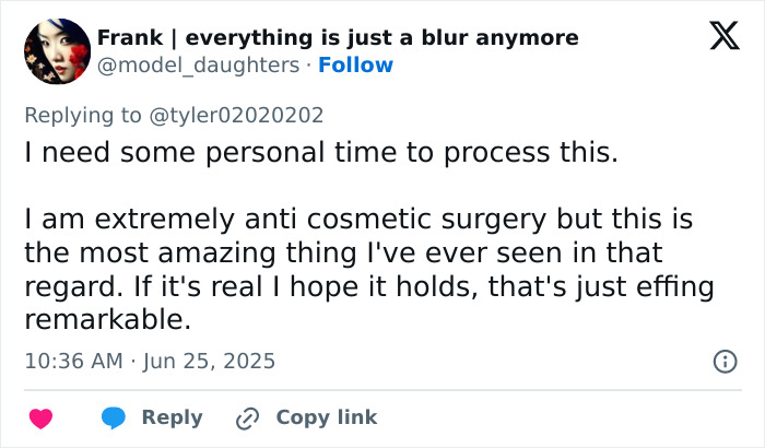 Tweet showing a reaction to a woman's facelift that breaks the internet after people discover her before look.