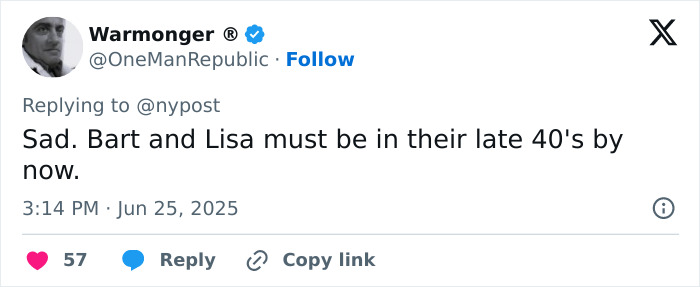 Screenshot of a Twitter reply discussing Marge&rsquo;s death on The Simpsons alongside mentions of other animated character deaths.