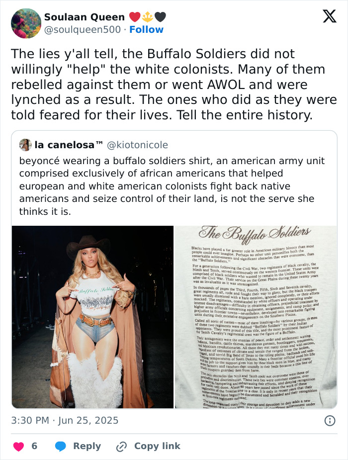Beyonc&eacute; wearing a Buffalo Soldiers shirt during Cowboy Carter Tour, sparking fans' backlash over offensive controversy.