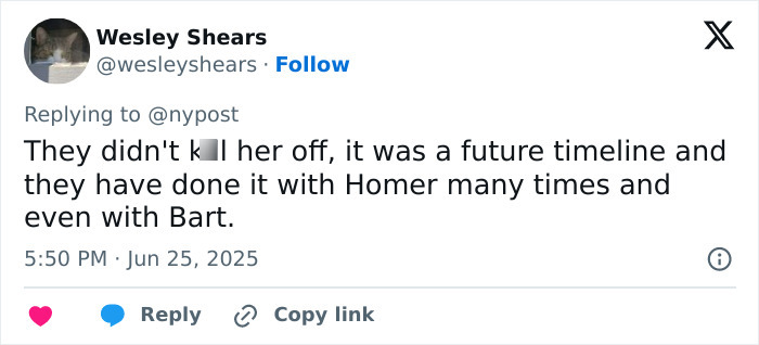 Tweet discussing Marge&rsquo;s death on The Simpsons and references to other animated character deaths in future timelines.