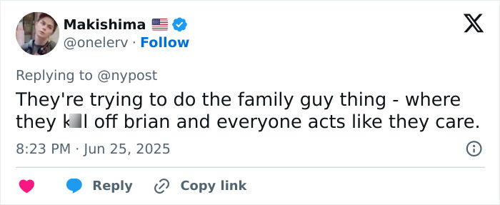 Screenshot of a tweet discussing animated character deaths, referencing family guy and Brian&rsquo;s death in the context of Marge&rsquo;s death.