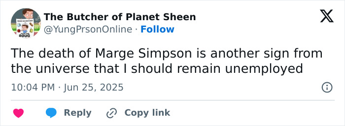 Tweet about Marge Simpson's death on The Simpsons, reflecting on animated character deaths and unemployment.