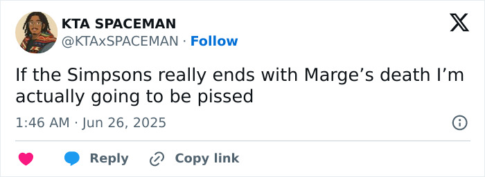 Tweet text about The Simpsons ending with Marge&rsquo;s death, expressing frustration over the character&rsquo;s death in the show.