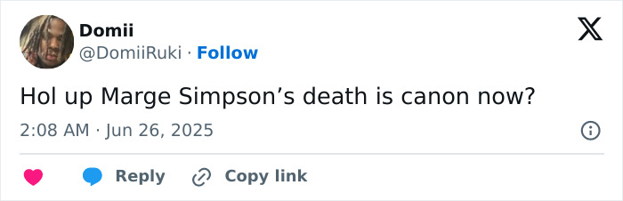 Tweet discussing Marge Simpson&rsquo;s death becoming canon, referencing Marge&rsquo;s death on The Simpsons and animated character deaths.
