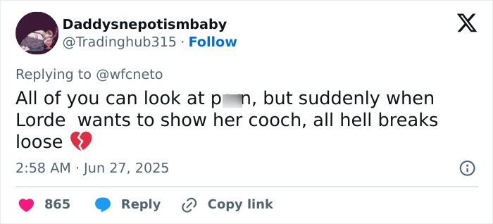Tweet from user Daddysnepotismbaby reacting to an explicit image found by Lorde fans inside her new vinyl release. Tweet from user Daddysnepotismbaby reacting to an explicit image found by Lorde fans inside her new vinyl release.