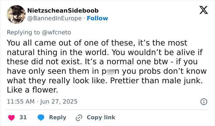 Tweet screenshot discussing naturalness in response to a comment about grossness, referencing an X-rated image in vinyl release. Tweet screenshot discussing naturalness in response to a comment about grossness, referencing an X-rated image in vinyl release.