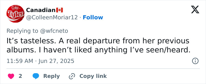 Tweet from Canadian user criticizing new Lorde album, expressing disappointment and mentioning tasteless content in the vinyl release. Tweet from Canadian user criticizing new Lorde album, expressing disappointment and mentioning tasteless content in the vinyl release.