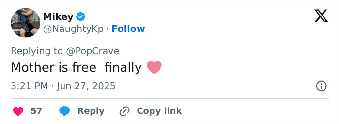 Screenshot of a tweet by Mikey replying to PopCrave, sharing a heartfelt message with a red heart emoji.