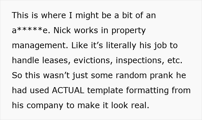 Text excerpt explaining a man&rsquo;s prank involving property management templates that led to a sister&rsquo;s panic and revenge.